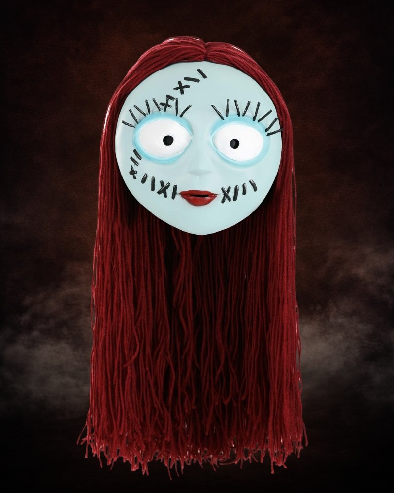 Nightmare Before Christmas Sally latex costume mask with red yarn hair