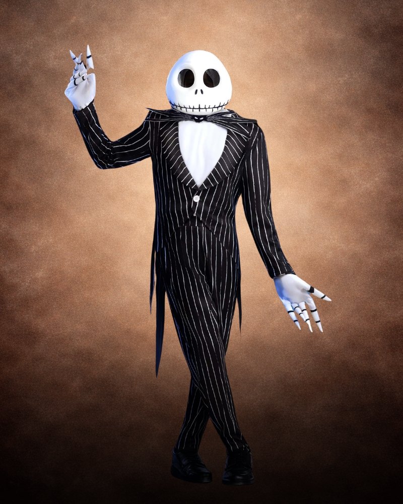 Boy wearing a premium Jack Skellington Halloween costume with black pinstripe suit and character mask
