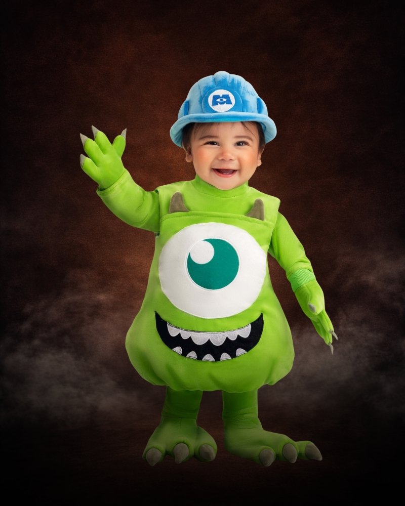 Infant wearing a premium Disney Mike Wazowski Halloween costume with green monster tunic and blue hard hat
