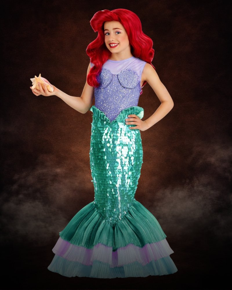 Premium Disney Ariel costume for girls with shimmering mermaid tail, sequined details, and Little Mermaid-inspired styling