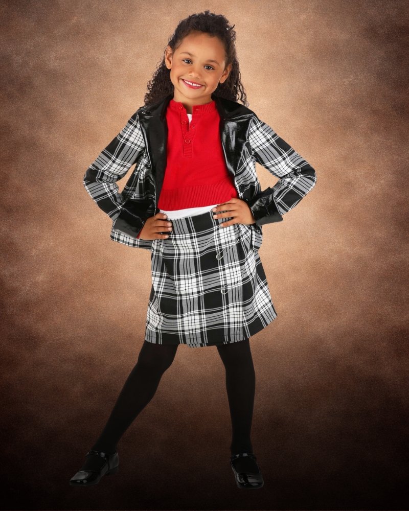 Authentic Clueless Dee costume for girls with plaid jacket, matching skirt, and iconic 90s movie-inspired styling