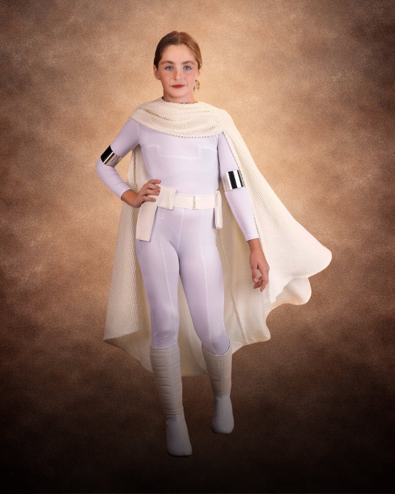 Girls deluxe Star Wars Padme costume with white jumpsuit, textured cape, and movie-inspired sci-fi styling