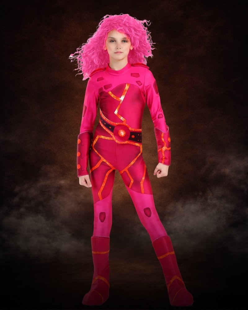 Girl wearing fiery superhero Halloween costume with flame-inspired colors, metallic accents, and comic-style heroic details