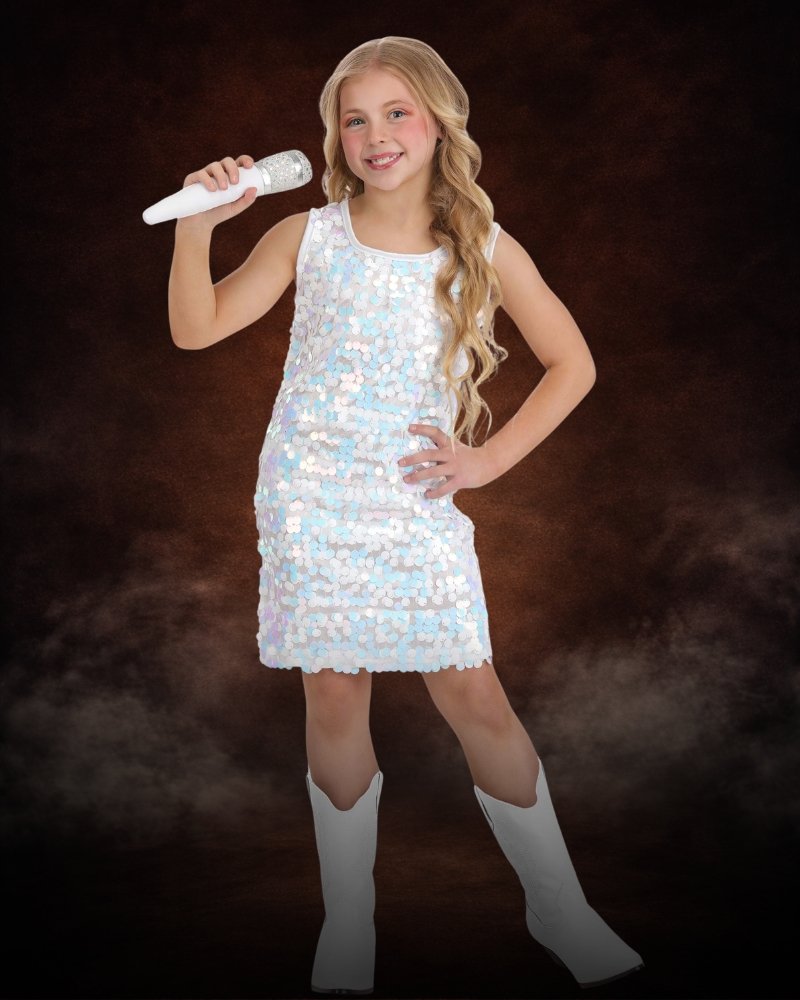Girl wearing iridescent sequin pop star Halloween costume dress with sparkling rainbow colors and plush microphone accessory