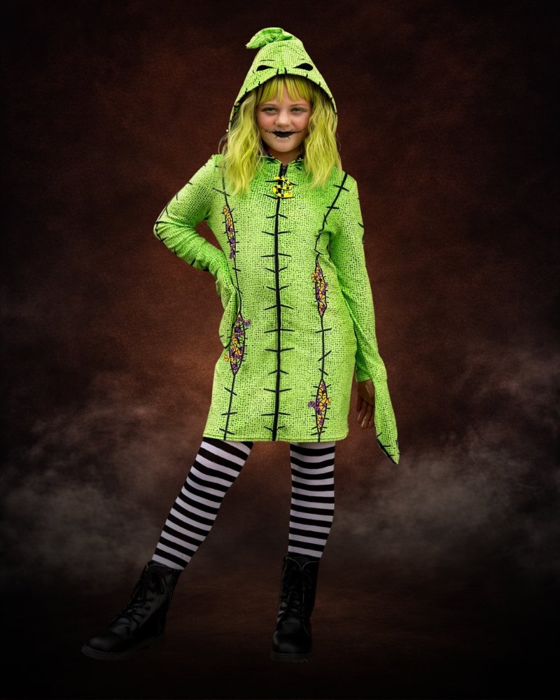 Deluxe Disney Oogie Boogie hoodie costume dress for girls with striped tights and spooky Nightmare Before Christmas styling