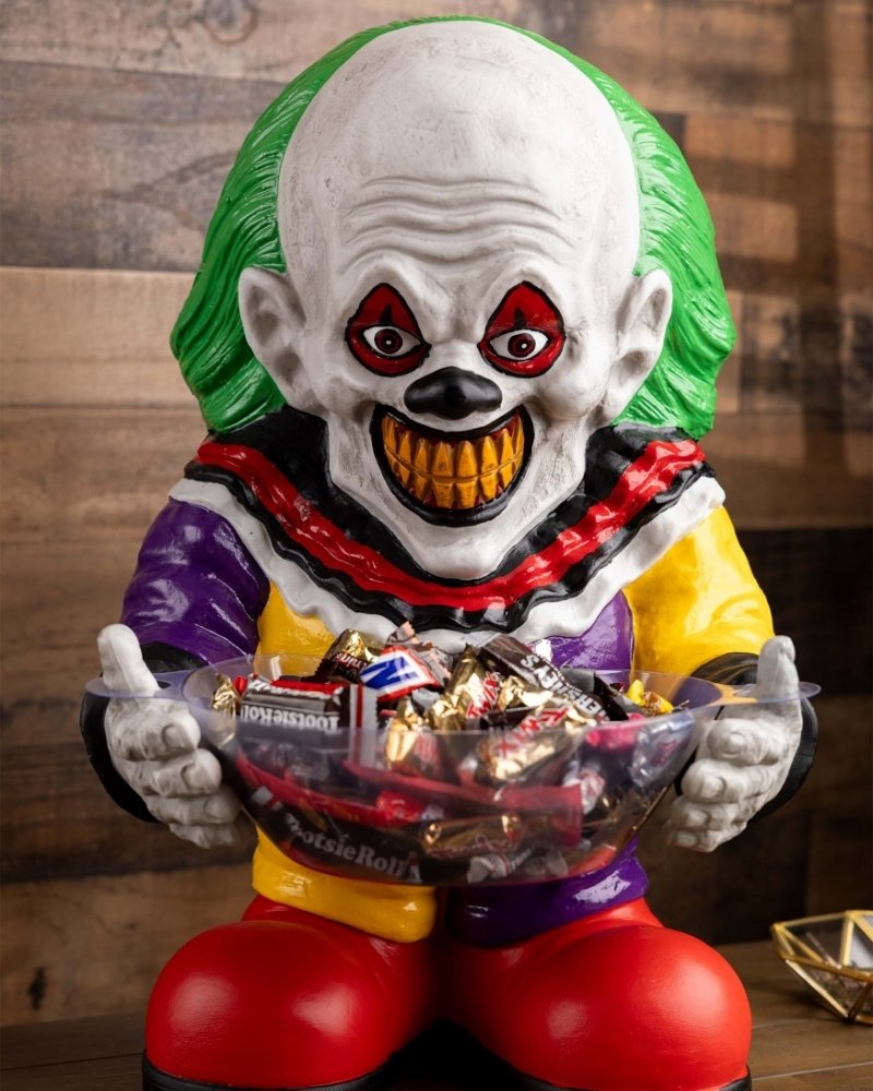 Scary clown candy bowl holder Halloween decoration with colorful costume