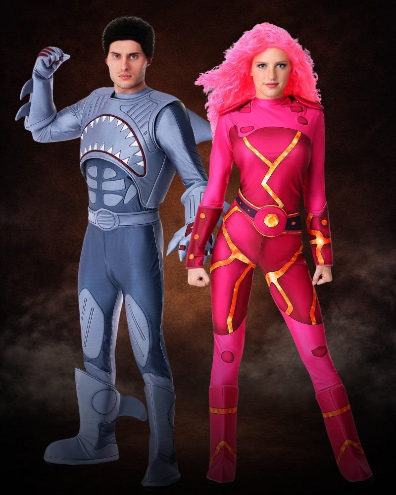 shark and fire superhero couples costume colorful halloween outfits bold contrast