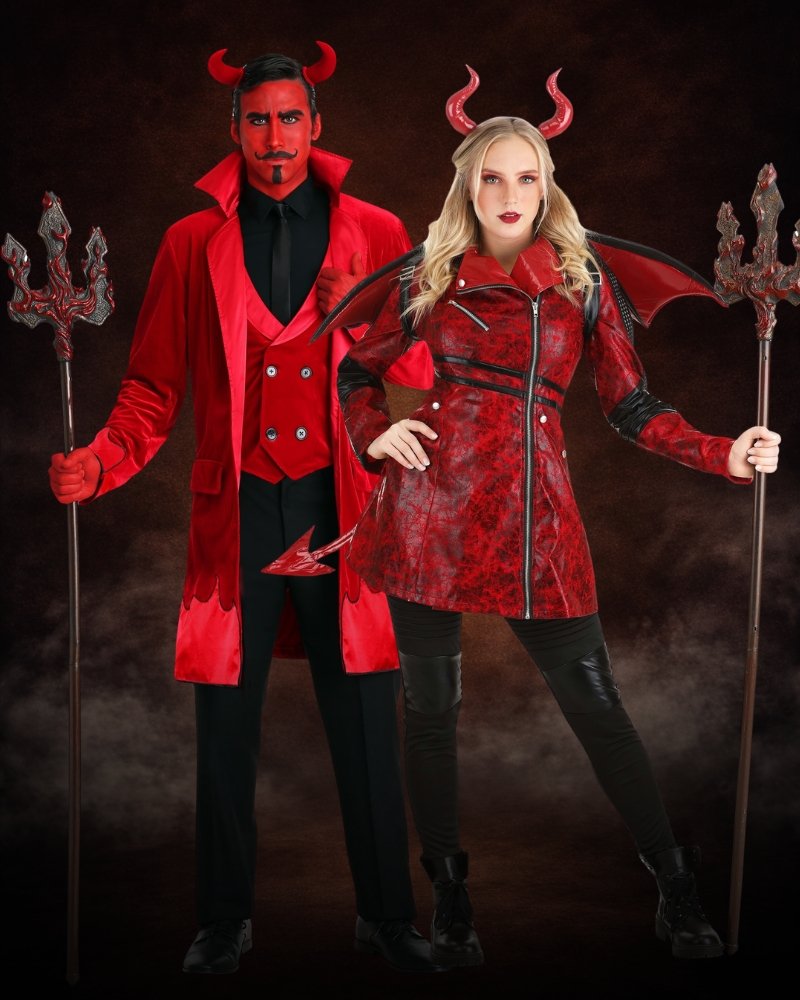red devil couples costume high impact halloween outfits leather and tailored look