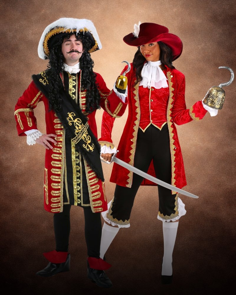 captain hook pirate couples costume luxury halloween outfits red gold details