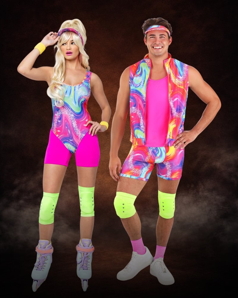 barbie and ken rollerblade couples costume bright retro halloween outfits neon