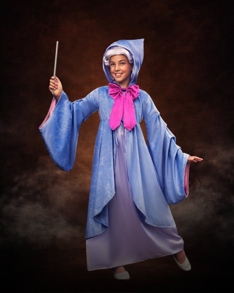 Premium Fairy Godmother costume for girls with flowing blue robe, satin details, and magical Disney-inspired styling