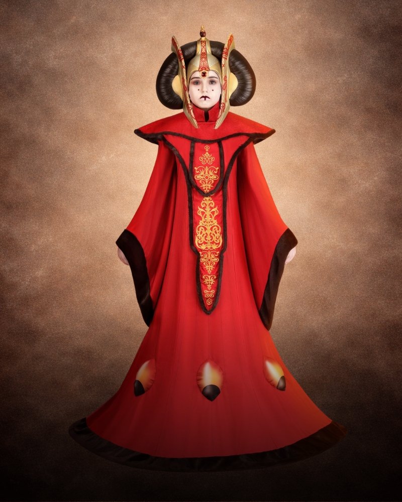 Premium girls Queen Amidala costume with deluxe red royal gown and detailed Star Wars-inspired headpiece