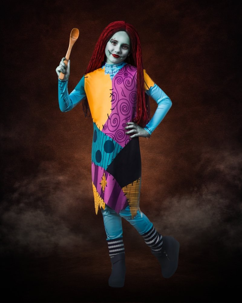 Premium Sally costume for girls inspired by The Nightmare Before Christmas with colorful patchwork dress styling