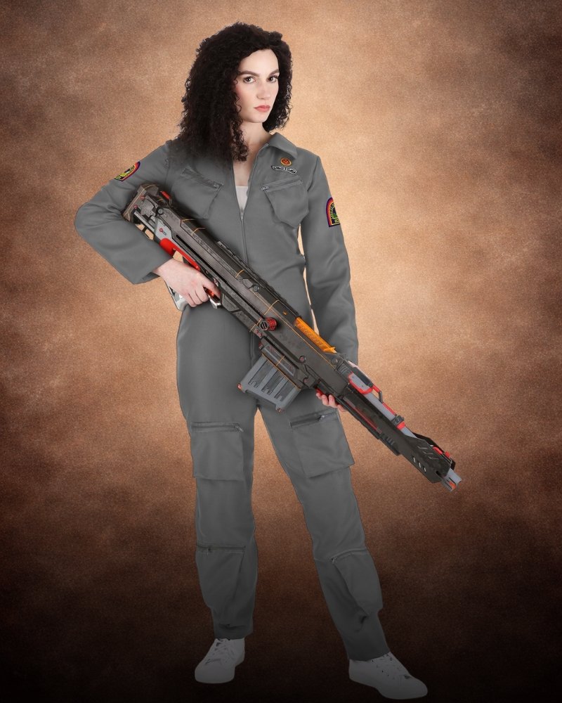 Aliens Ripley Flight Suit Costume for Women, dark grey jumpsuit with cargo pockets, chest zippers, sleeve patches and military-inspired styling