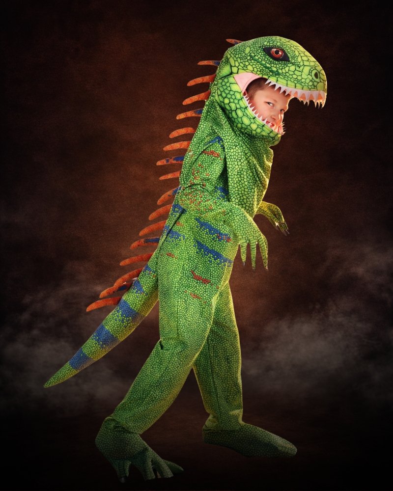 Kid's Green Iguana Costume featuring green scale print jumpsuit, stuffed tail, orange spikes, clawed feet, and detailed reptile hood.