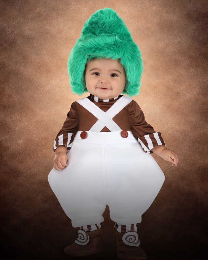 Candy Factory Cutie infant costume with green wig, brown striped shirt, white foam-backed pants, and matching shoe covers