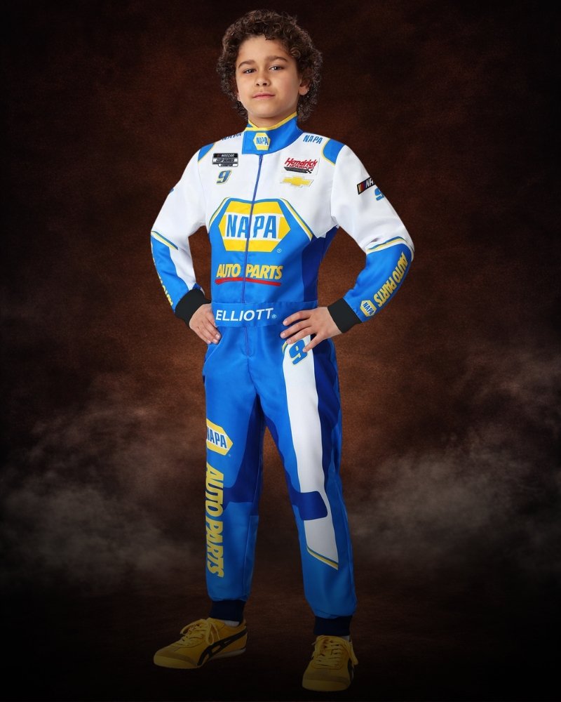 Chase Elliott New NAPA Uniform NASCAR Costume for Boys with blue and white racing jumpsuit, yellow accents, and sponsor graphics.