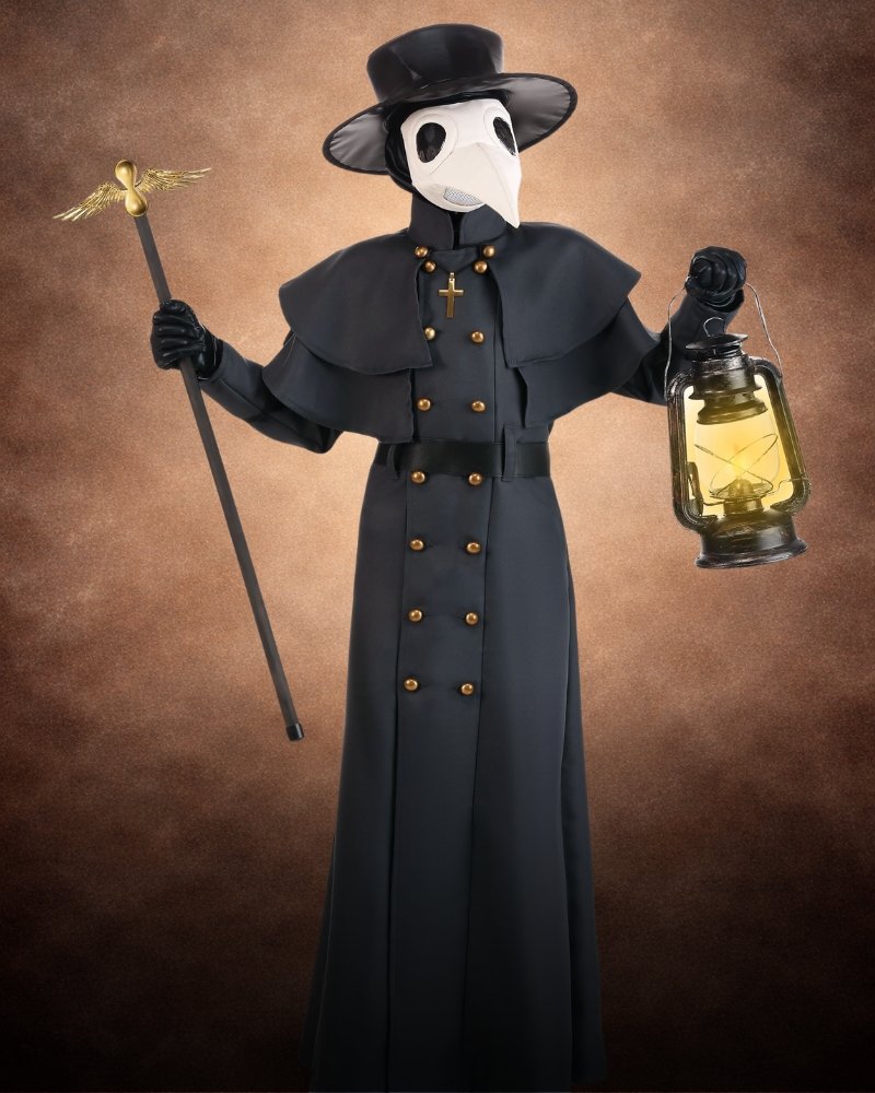 Luxury Dark Plague Doctor Costume for Boys with black coat, plague mask, faux leather gloves, hat, and antique gold details.