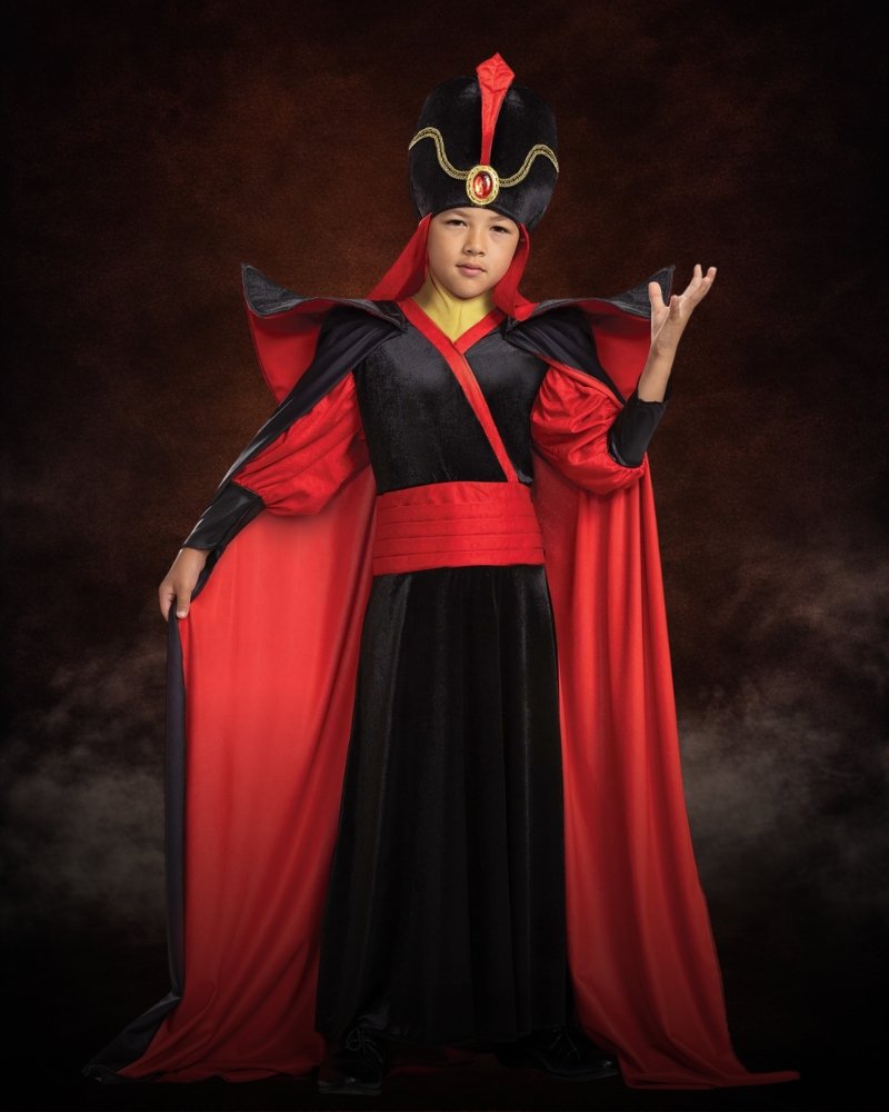 Deluxe Disney Aladdin Jafar Costume for Boys with black and red robe, royal cape, jeweled turban, and dramatic collar.