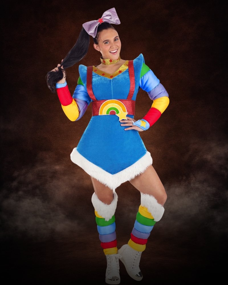 Authentic Rainbow Brite Costume for Women, colourful velvet dress with faux fur trim, rainbow sleeves, glitter harness, boot covers and signature hair bow
