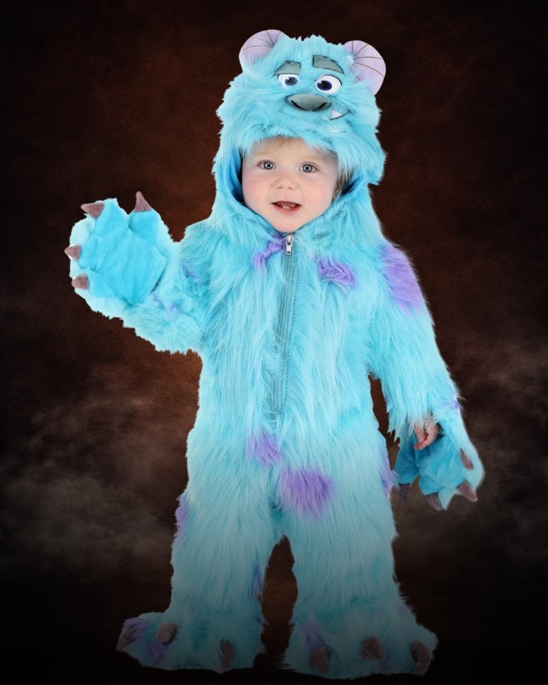 Disney Monsters Inc Sulley baby costume with hood, horns, plush jumpsuit, tail, mittens, and booties