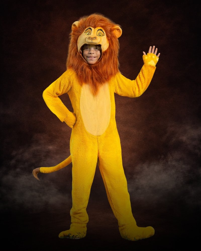 Disney The Lion King Mufasa Costume for Boys with golden plush jumpsuit, lion mane hood, tail, paw gloves, and padded lion feet.
