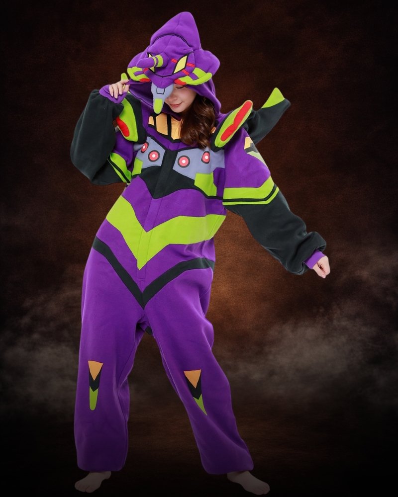Evangelion EVA-01 Adult Kigurumi, hooded anime jumpsuit with glow-in-the-dark details, embroidered accents and shoulder pylon inserts