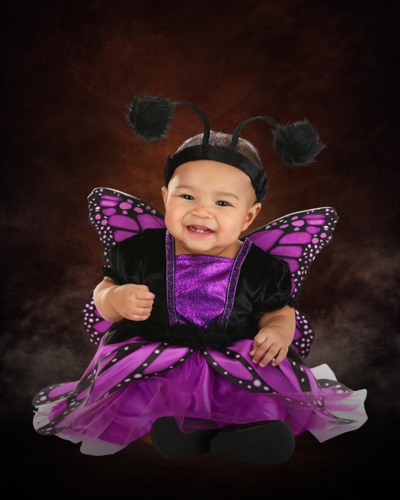 Infant purple butterfly costume with black velour dress, metallic purple bodice, butterfly wings, and antenna headband