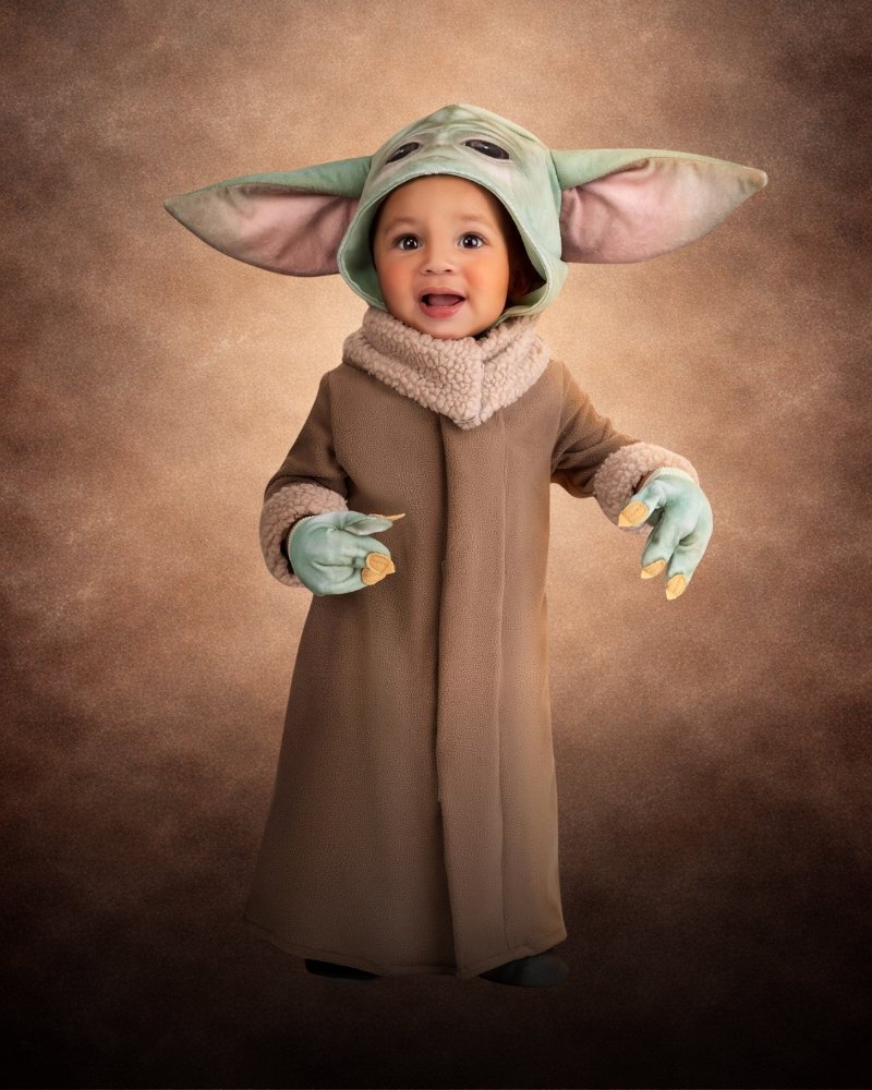 Infant Deluxe Star Wars Grogu baby costume with plush hood, foam ears, printed robe, and matching gloves