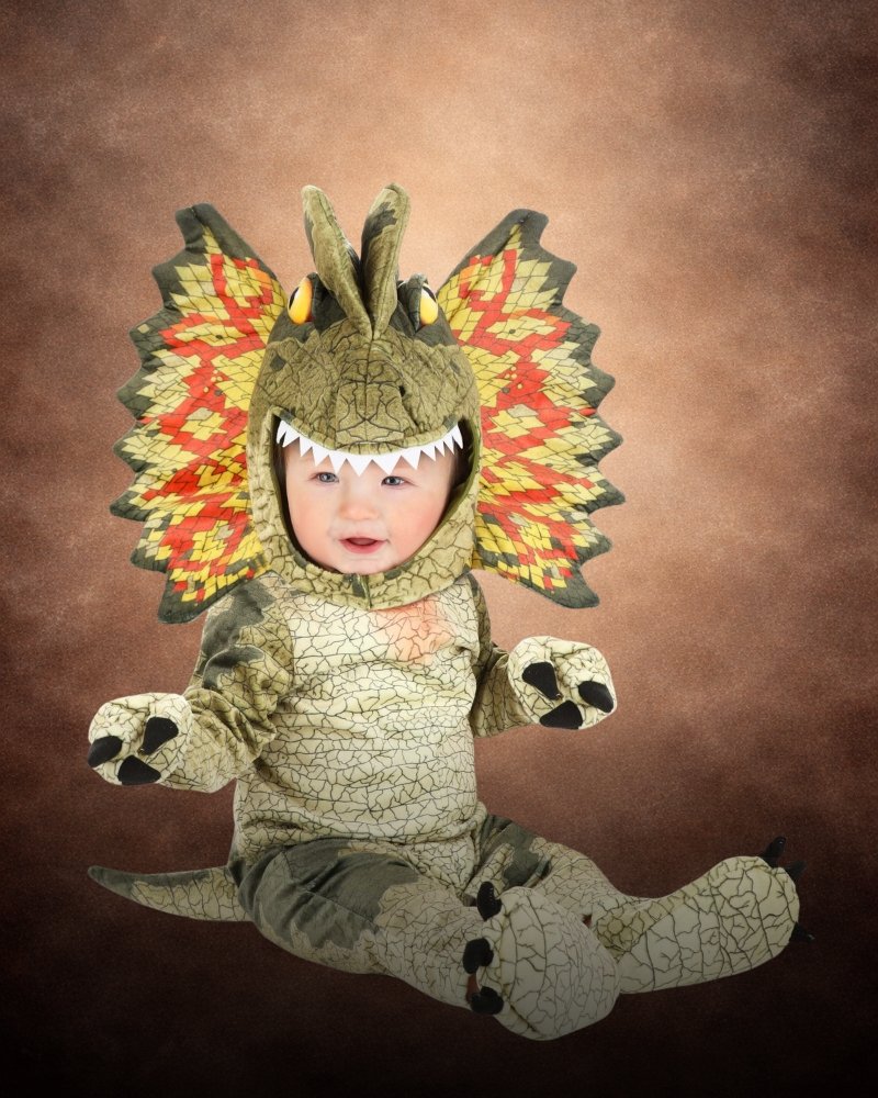 Infant Dilophosaurus dinosaur costume with scale-print jumpsuit, colorful frill hood, tail, claws, and dinosaur details