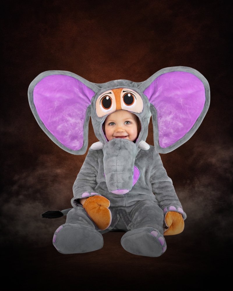 Infant Disney Zootopia Finnick Elephant costume with oversized ears, plush trunk, gray jumpsuit, and matching booties