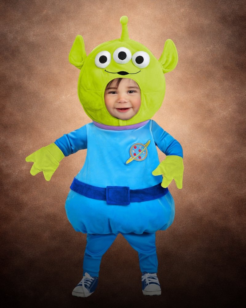 Infant Disney and Pixar Alien Bubble Costume with green three-eyed headpiece, blue bubble suit, purple collar, and matching gloves