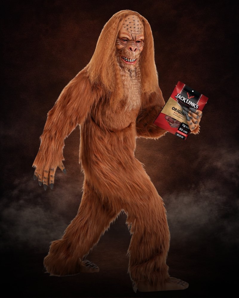 Jack Link's Kid's Sasquatch Costume with brown faux fur jumpsuit, Bigfoot mask, creature hands, feet covers, and attached hair.