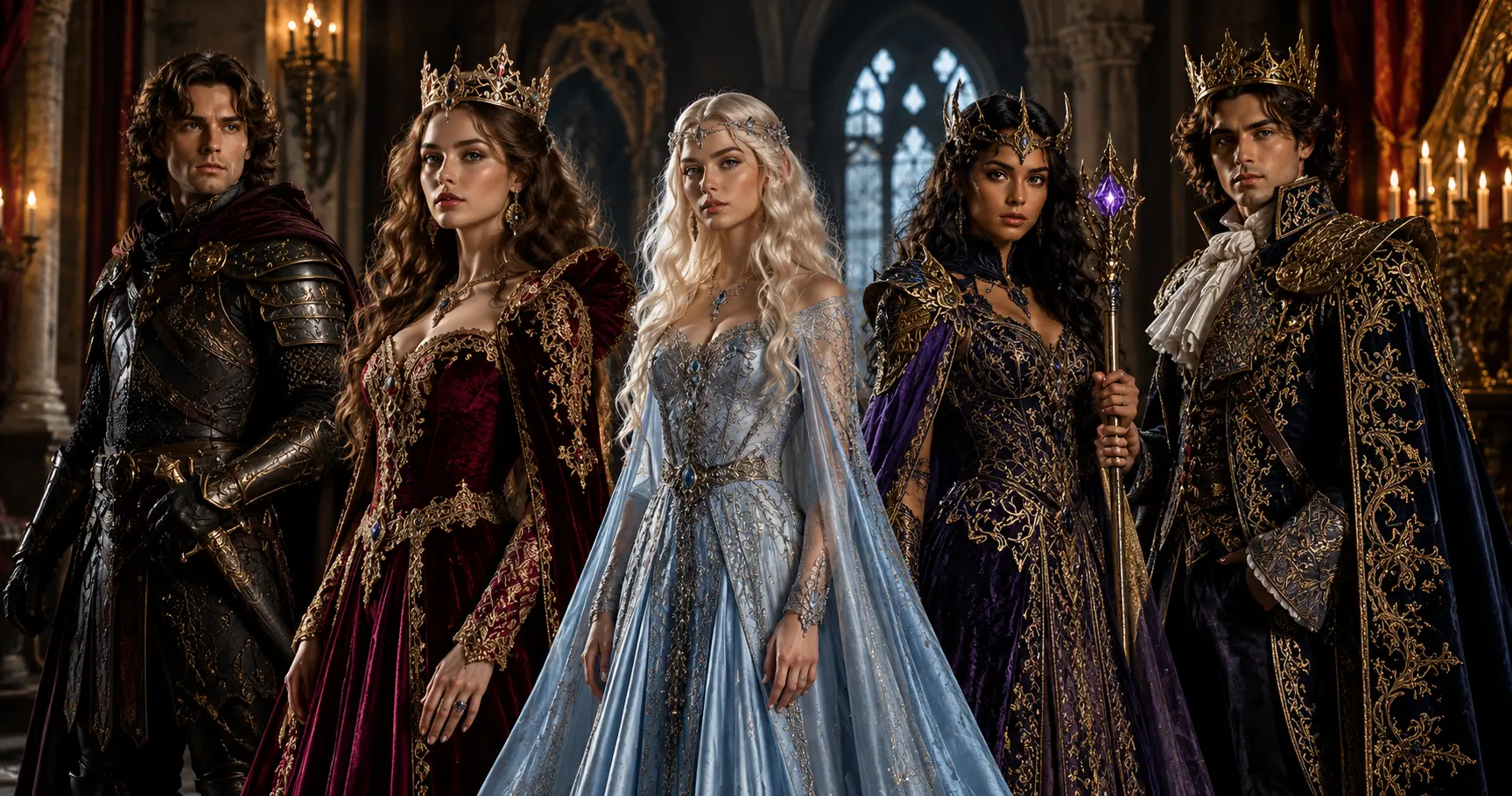 Luxury fantasy and royal Halloween costumes featuring a knight, queen, ice princess, sorceress, and king in premium embroidered gowns and ornate medieval-inspired attire.