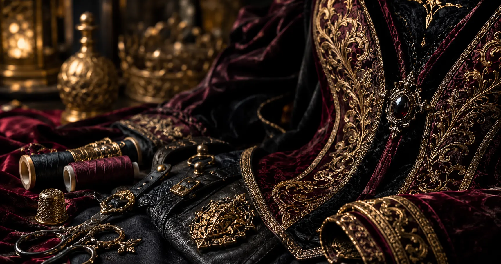 Close-up of a luxury Halloween costumes featuring velvet, embroidered brocade, faux leather, gold trim, and premium handcrafted details.