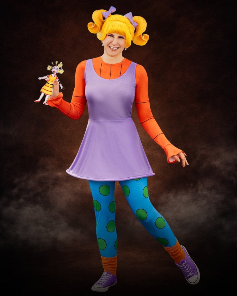 Nickelodeon Rugrats Angelica Women's Costume, purple dress, orange top, printed leggings, Cynthia doll accessory and blonde wig with bows