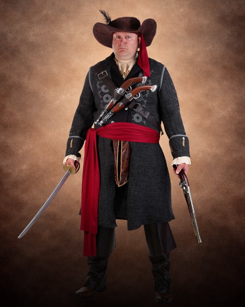 plus size halloween costume - lackbeard Pirate Costume for Adults with black embroidered coat, red sash, oversized pirate hat, and faux leather accessories