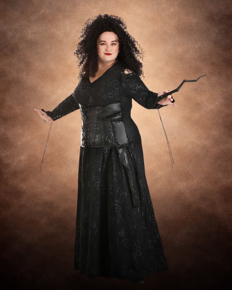 Women's Plus Size Deluxe Harry Potter Bellatrix Costume with black swirl-pattern gown, lace-up details, hood, and corset waist