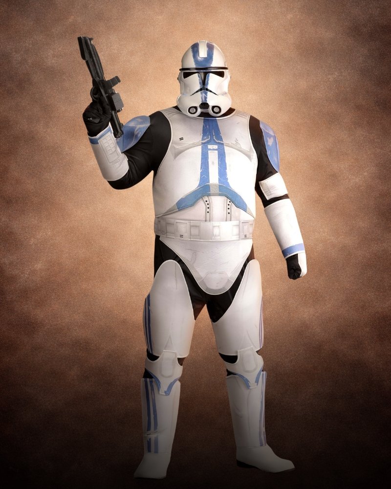 Plus Size Deluxe Star Wars Clone Trooper Costume for Men with white and blue armor, black bodysuit, molded mask, and Clone Trooper details