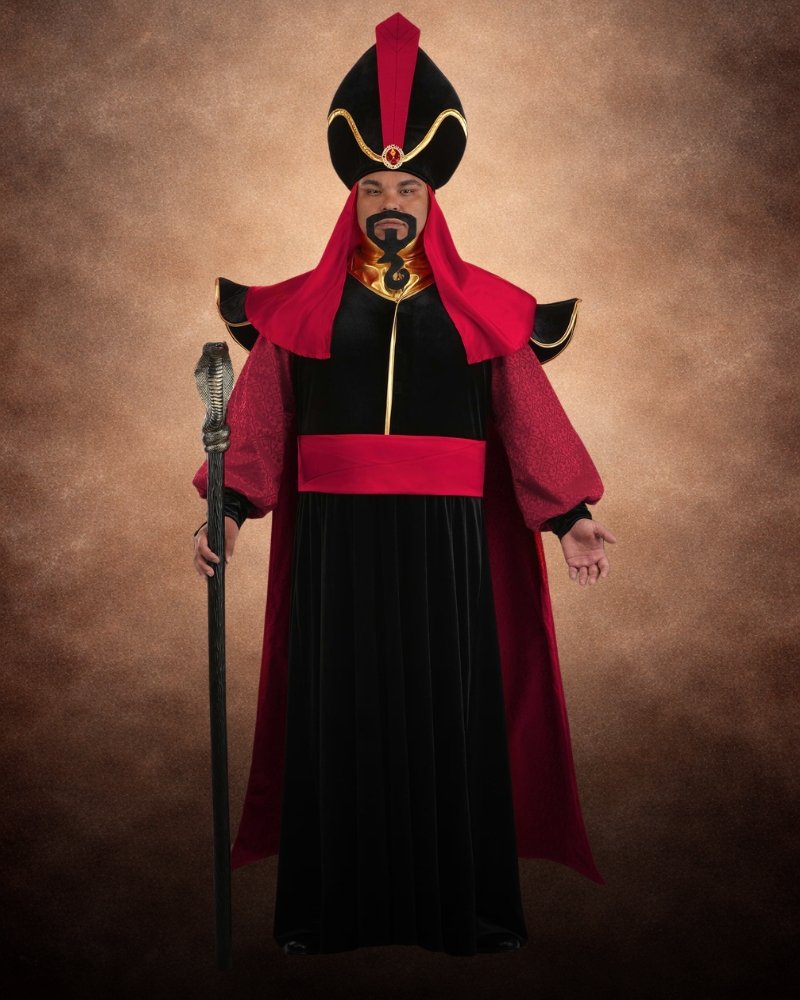 Plus Size Disney Aladdin Men's Jafar Costume with black velvet robe, crimson cape, royal headdress, gold trim, and villain styling