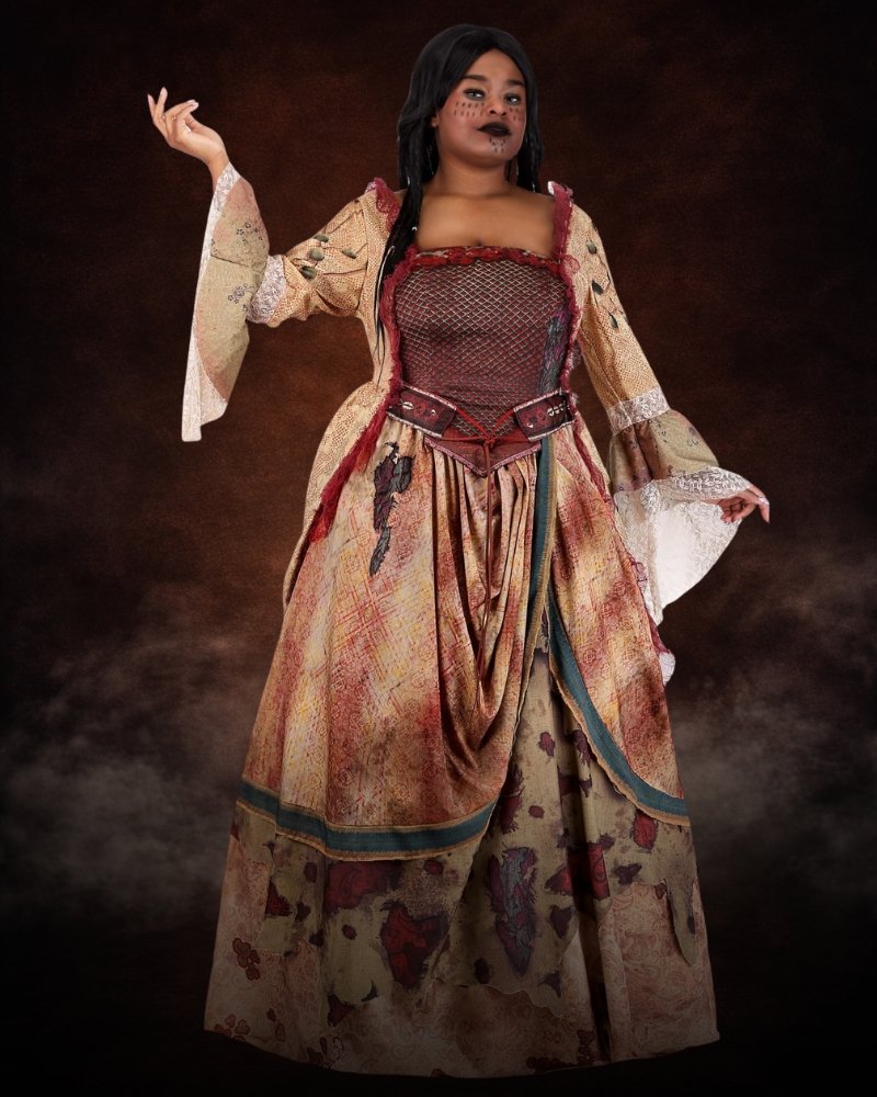 Women's Plus Size Disney Pirates of the Caribbean Tia Dalma Costume with distressed layered gown, crimson bodice, lace sleeves, and weathered pirate details