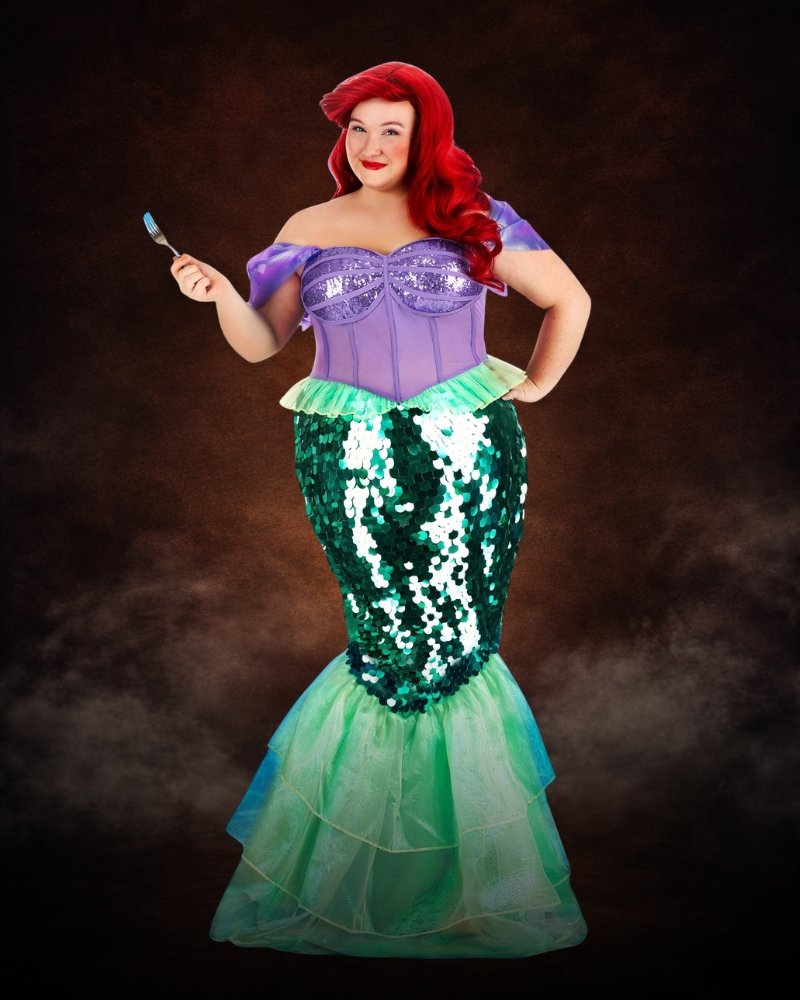 Plus Size Disney Premium Ariel Mermaid Costume with lavender bodice, emerald sequin tail, seafoam organza fins, and mermaid princess styling