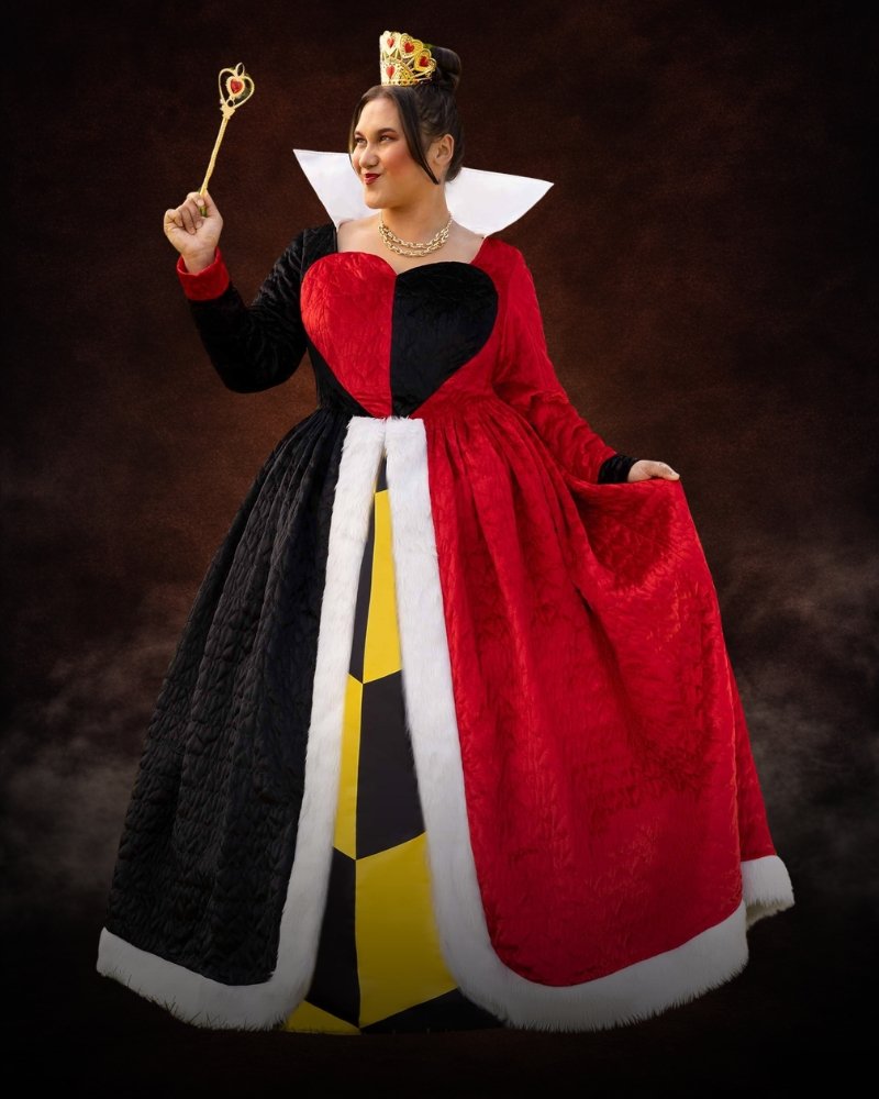 Plus Size Authentic Disney Queen of Hearts Costume Dress with red and black velvet gown, faux fur trim, hoop skirt, and royal crown