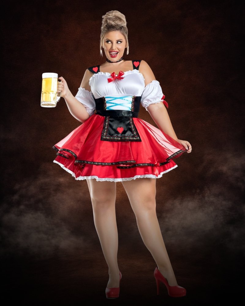 Plus Size Oktoberfest Hottie Costume for Women with red satin skirt, faux vest bodice, puff sleeves, embroidered apron and matching choker