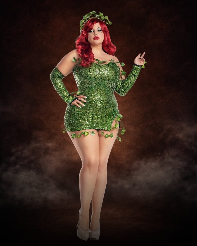 Plus Size Poisonous Villain Women's Costume with emerald sequin dress, ivy leaf trim, fingerless gloves, side slit and matching ivy crown