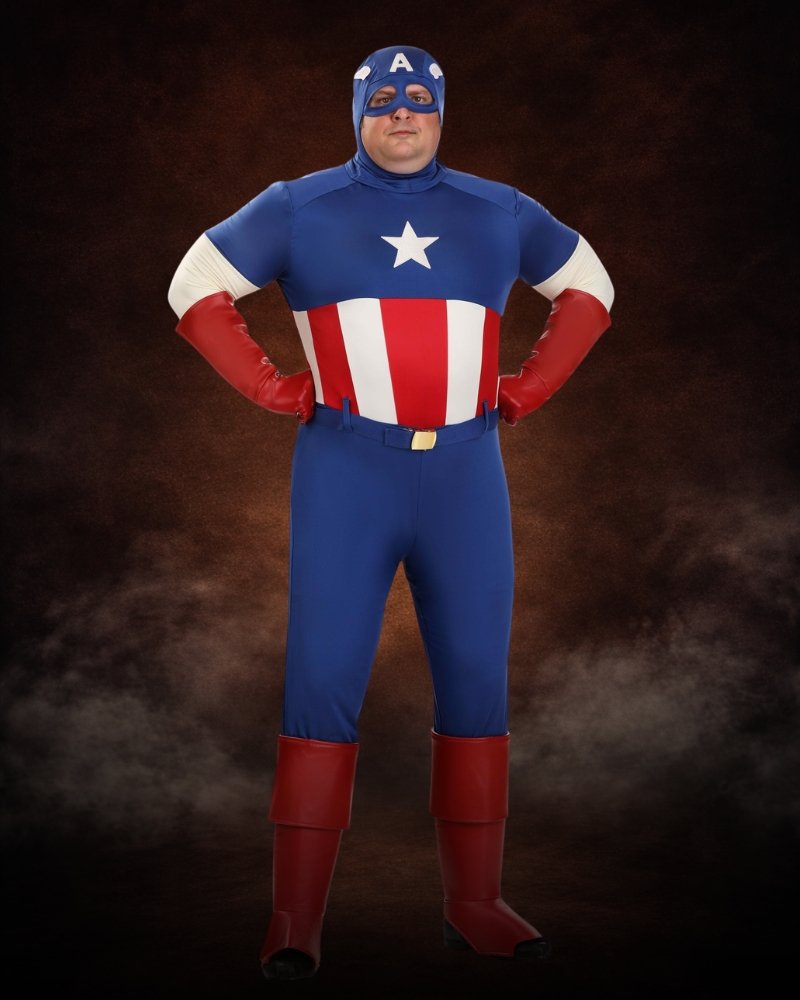 Men's Plus Size Premium Captain America Costume with blue superhero jumpsuit, red gloves, boot covers, utility belt, and Captain America mask