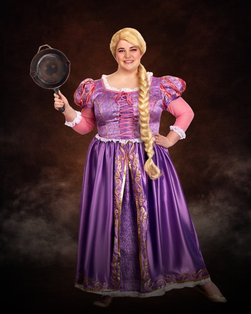 Plus Size Premium Rapunzel Women's Costume Dress with purple satin skirt, brocade bodice, gold trim, pink sleeves, and princess details