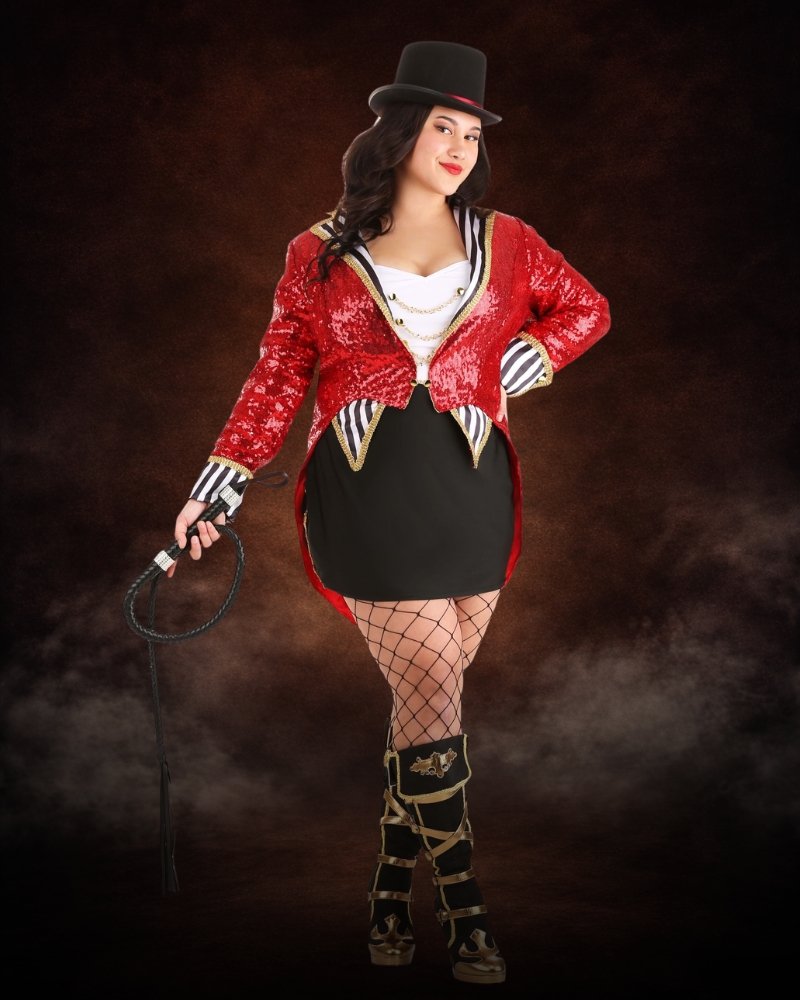 Women's Plus Size Sexy Sequin Ringmaster Costume with red sequin tailcoat jacket, black mini dress, gold trim, decorative chains and top hat