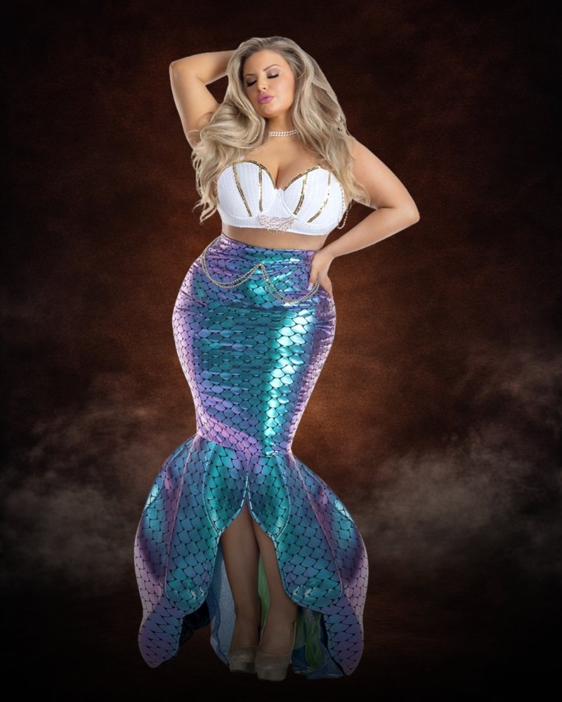 Plus Size Under the Sea Mermaid Women's Costume with shell-inspired top, iridescent scale skirt, glitter trim and dramatic mermaid tail fins