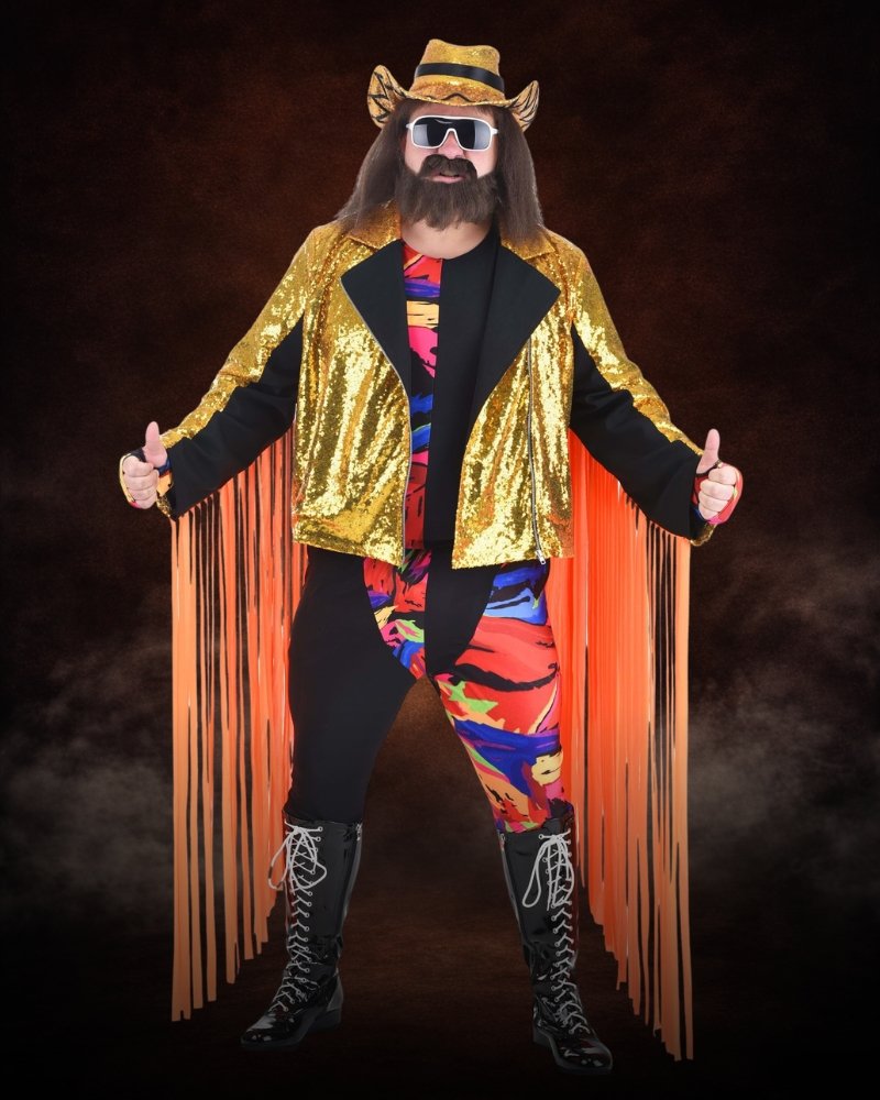 Plus Size WWE Macho Man Randy Savage Costume with gold sequin jacket, orange fringe, colorful abstract print, and matching hat